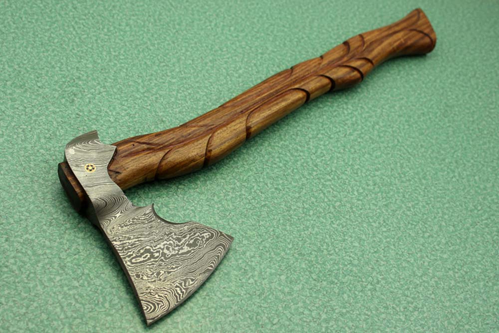 20 Inches long Damascus steel tomahawk Axe, Engraved Rose wood handle bearded hiking battle Axe, Hand Forged Damascus steel head, thick cow hide leather sheath