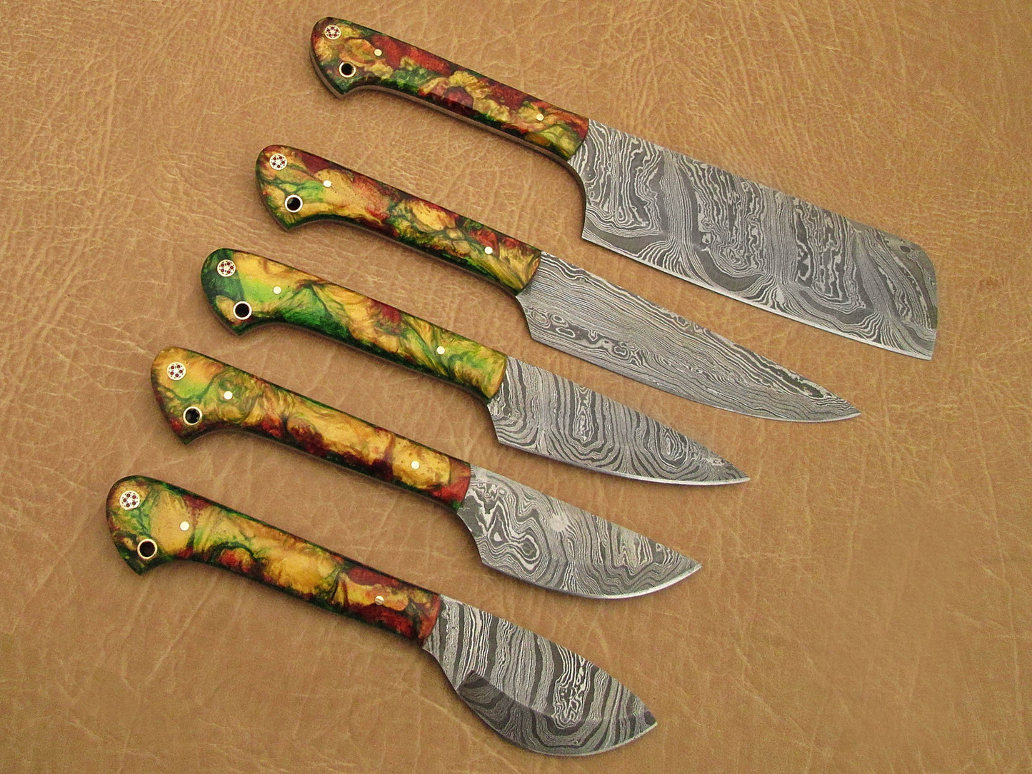 5 Pieces Damascus steel kitchen knife set includes (10.6+9.6+9.0+8.0+7.6)" knives, Camouflage scale, Comes with gift box