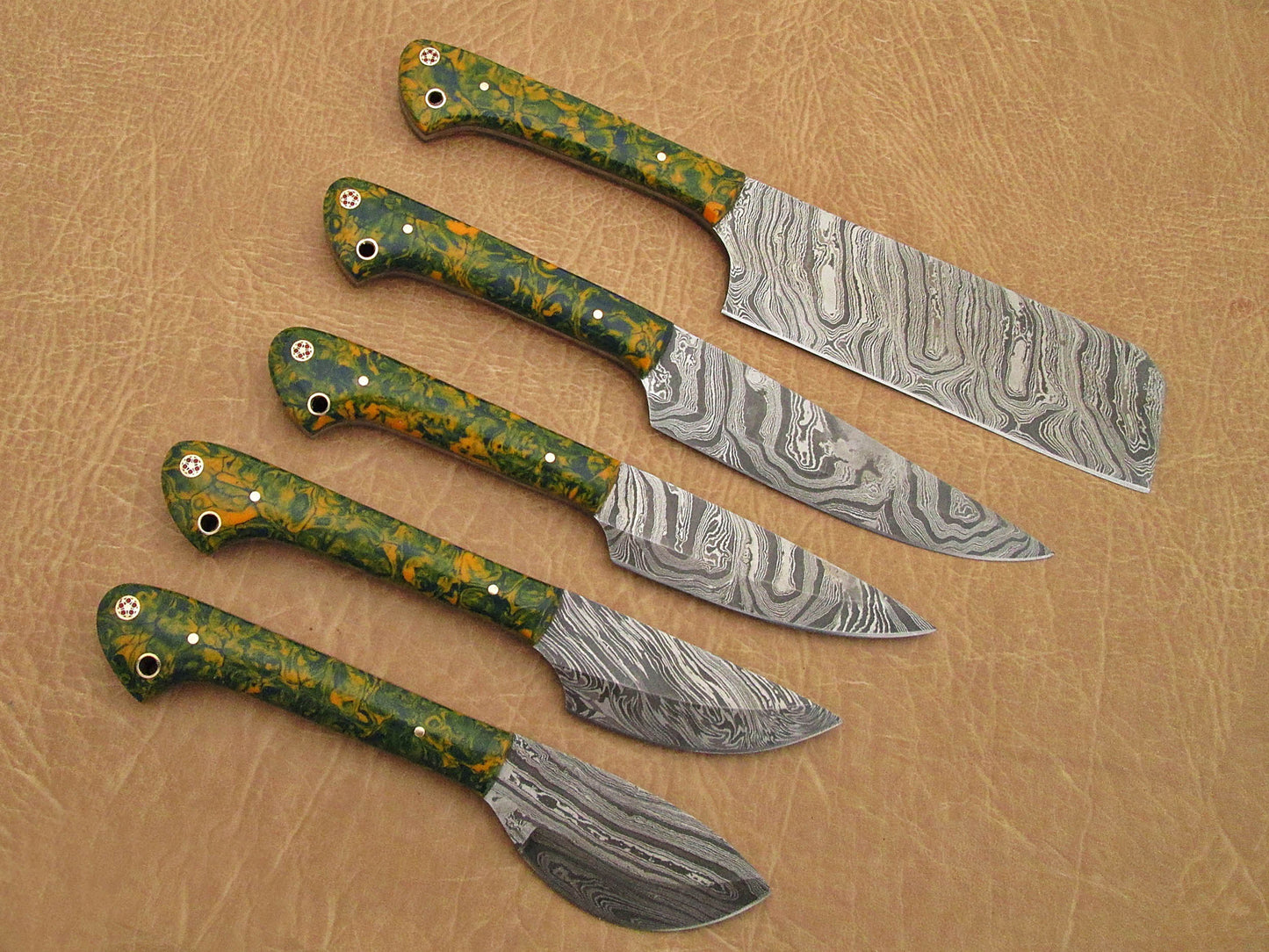 5 Pieces Damascus steel kitchen knife set includes (10.6+9.6+9.0+8.0+7.6)" knives, Green Comouflage scale, Comes with gift box