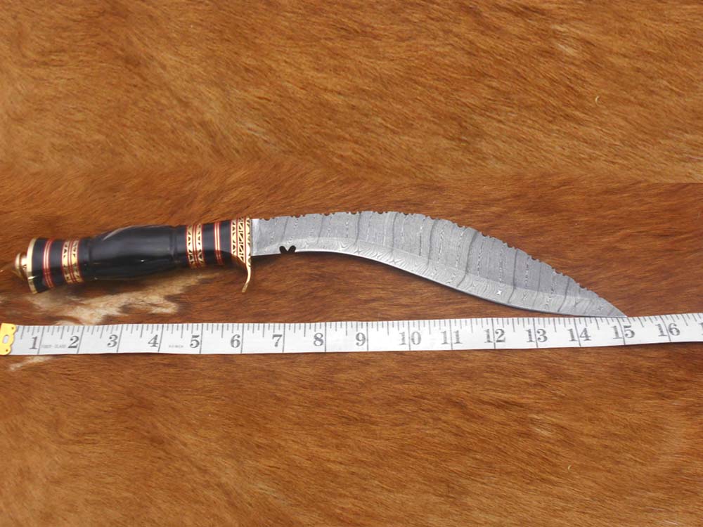 15 Inches long Damascus Steel Kukri Knife, custom made Hand Forged Damascus steel With 10" long blade, Black Bull horn crafted with engraved brass scale, Cow Leather Sheath
