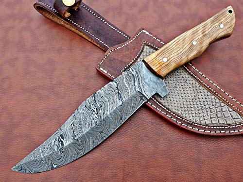 12.5" Long Hand Forged Damascus Steel Clip Point Full Tang Blade Hunting Knife, Natural Horn Scale with Steel Bolster, Cow Hide Leather Sheath Included