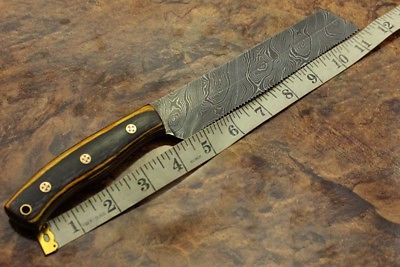11.5" hand forged Damascus steel bread knife with 7" long serrated cutting edge, Cow Leather sheath included