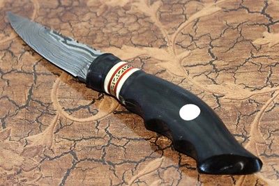 9" Long hand forged Damascus steel Skinning Knife, Round engraved brass, Bull horn & Camel bone scale, Cow hide Leather sheath