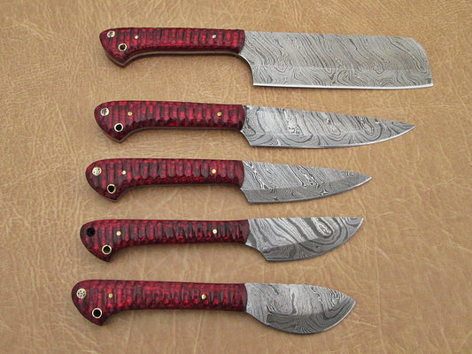 5 Pieces Damascus steel kitchen knife set includes (10.6+9.6+9.0+8.0+7.6)" knives in Wine Jigged wood scale, includes Roll able Leather suede sheath