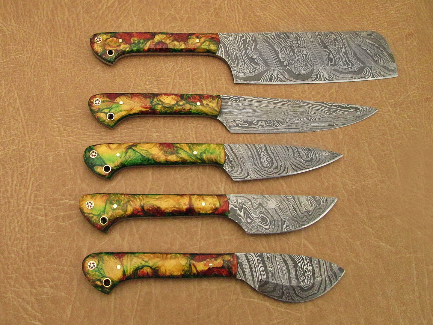 5 Pieces Damascus steel kitchen knife set includes (10.6+9.6+9.0+8.0+7.6)" knives, Camouflage scale, Comes with gift box