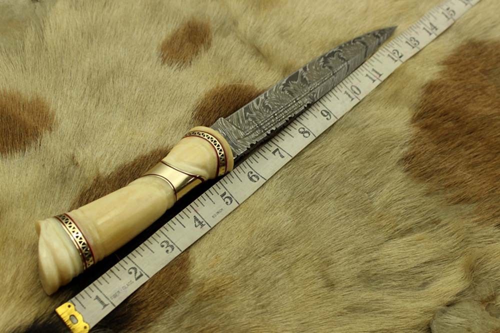 13" carved camel bone W/Brass scale Damascus Steel skinning knife, Cow sheath