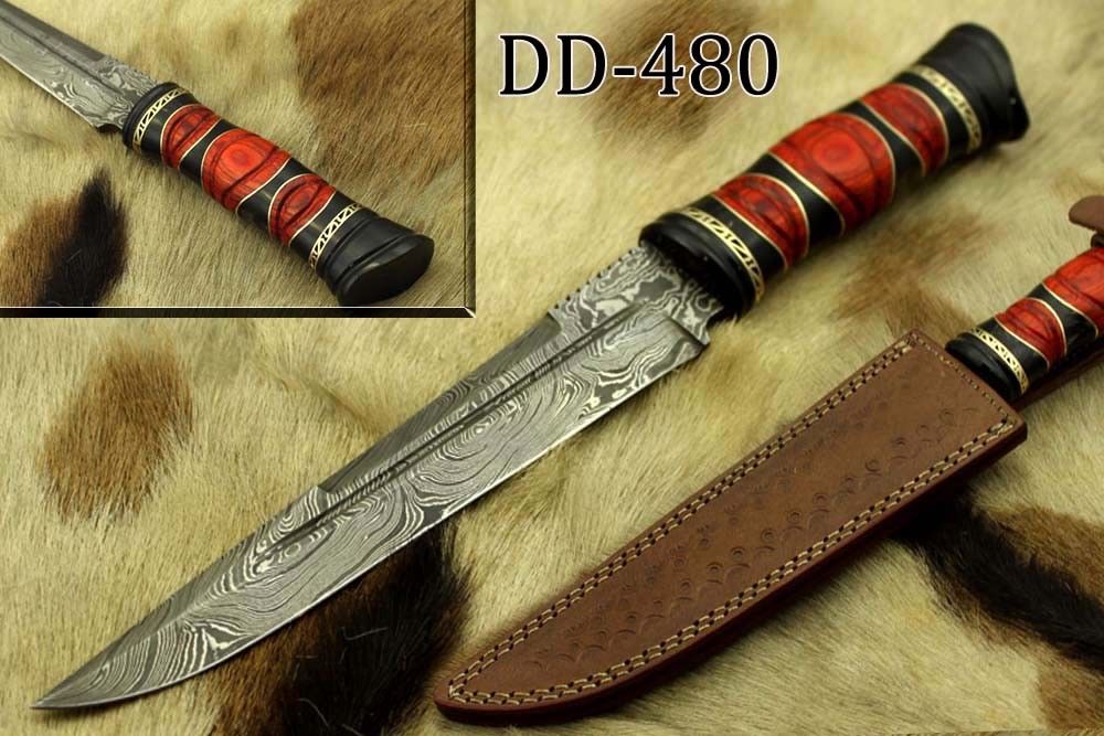 13" Damascus steel skinning knife, exotic hand crafted round scale, Cow sheath