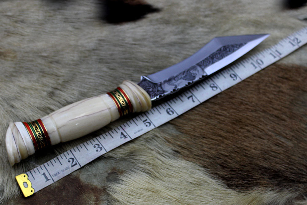 11" Long Tanto blade Skinning Knife, hand engraved D-2 stainless steel & Damascus steel, Round scale crafted with engraved Brass & fiber spacer, Cow hide Leather sheath