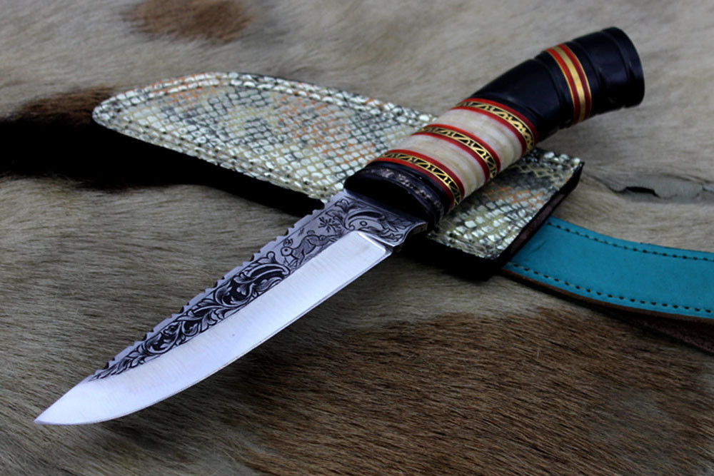 11" Hand engraved stainless steel skinning knife, Custom made scale, Cow sheath