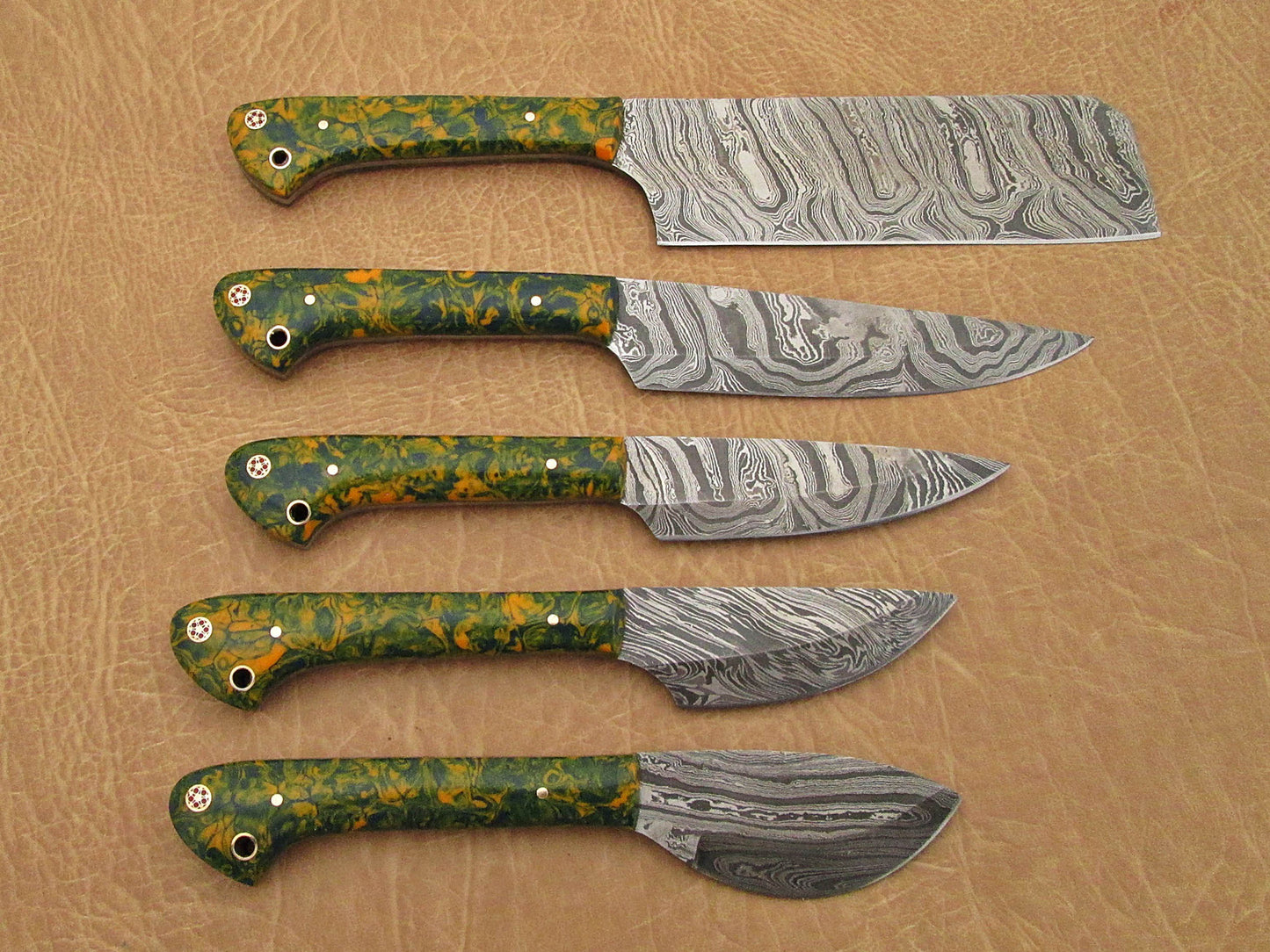 5 Pieces Damascus steel kitchen knife set includes (10.6+9.6+9.0+8.0+7.6)" knives, Green Comouflage scale, Comes with gift box