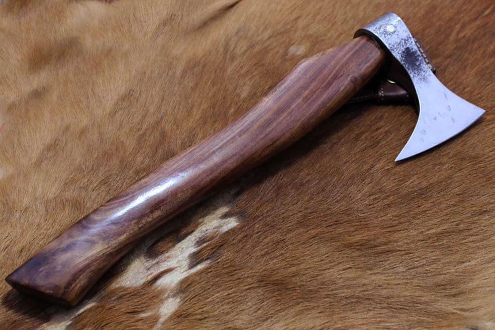 Damascus Depot Tomahawk Axe Bearded Hiking Battle Axe 15 Inches Long Hand Hammered Carbon Steel Axe with Rose Wood Round Handle, Thick Cow Hide Leather Sheath