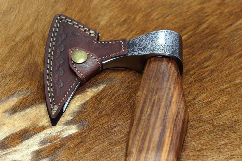 Damascus Depot Tomahawk Axe Bearded Hiking Battle Axe 15 Inches Long Hand Hammered Carbon Steel Axe with Rose Wood Round Handle, Thick Cow Hide Leather Sheath
