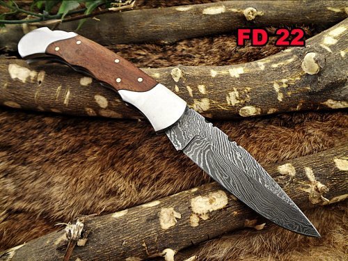 Damascus steel 7.5" long Folding Knife, Walnut wood with Steel bolster scale, custom made 3.5" Hand Forged blade cow hide leather sheath