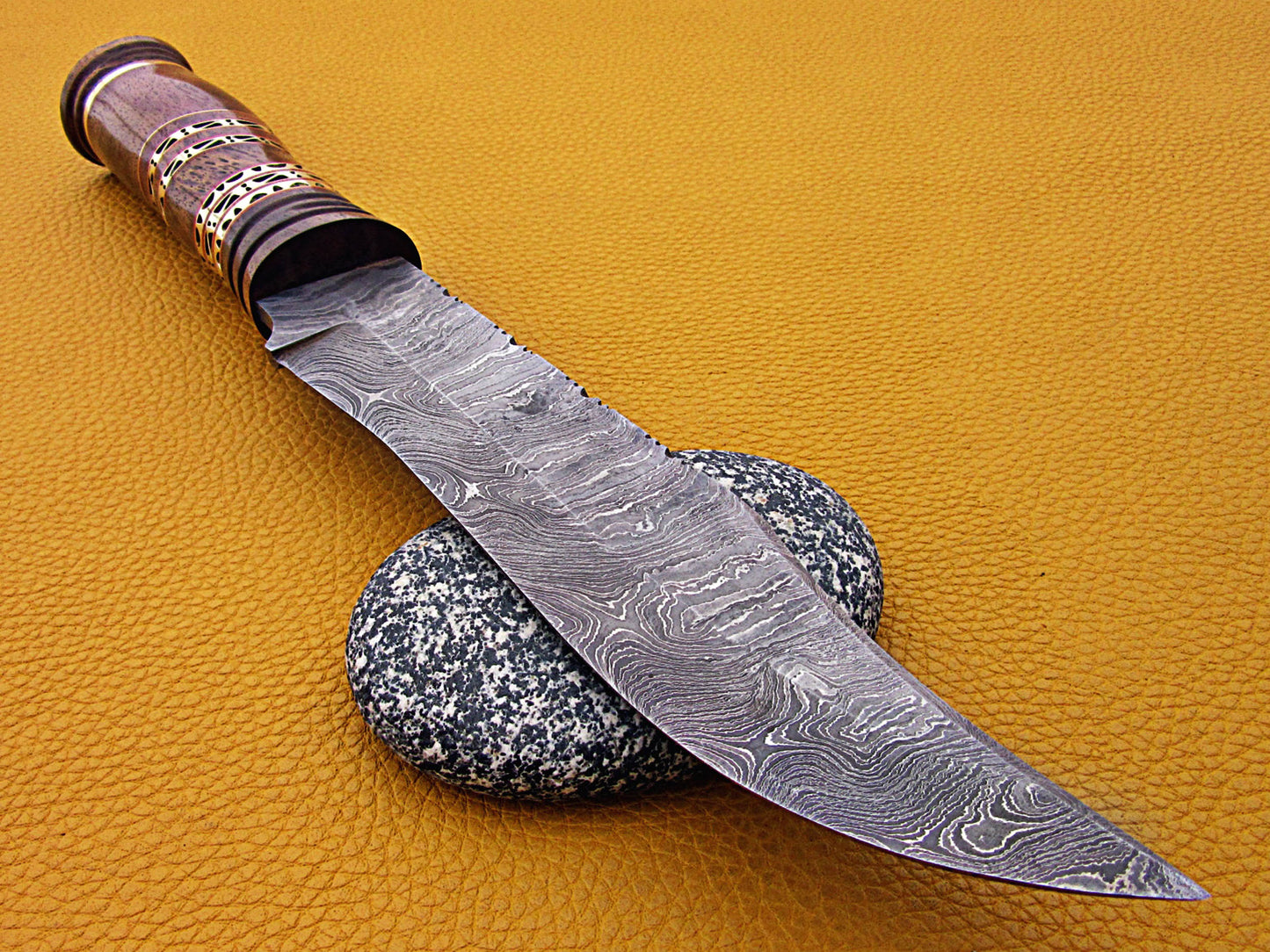 13.5" Long hand forged Damascus steel exotic Hunting Knife with 7" blade, Exotic Rose wood scale crafted with engraved brass & fiber spacing, Cow Leather sheath included