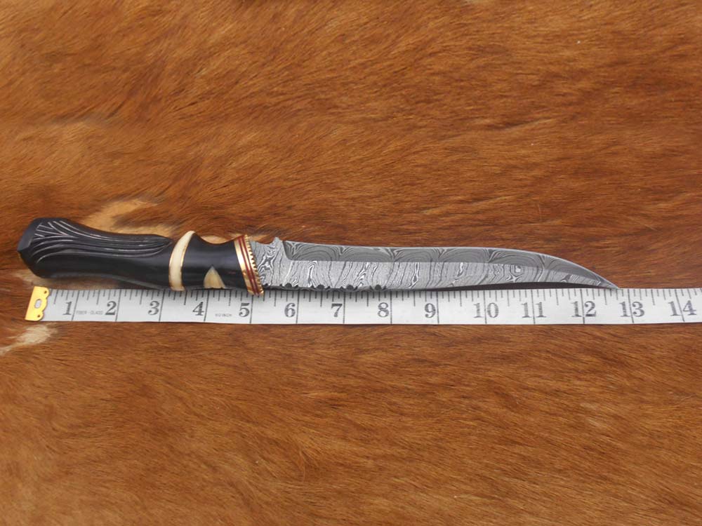13" Long custom made carved round scale skinning knife crafted with engraved brass, 7.5" Hand forged Damascus steel blade, Cow hide Leather sheath included