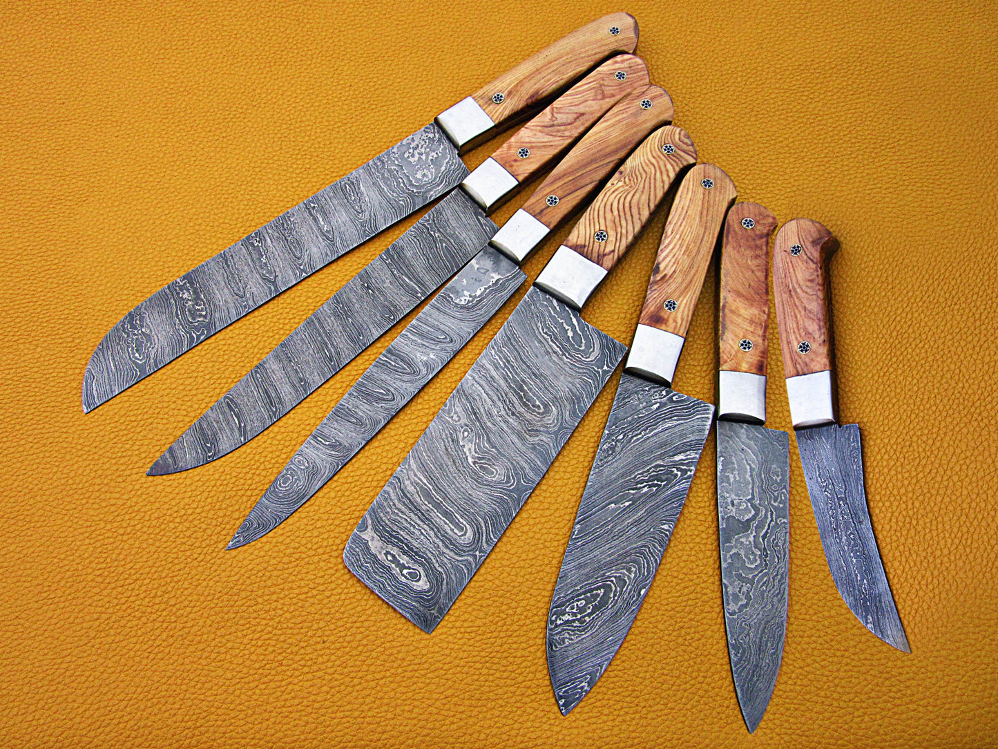 7 pieces Custom made hand forged Damascus steel full tang blade kitchen knife set, Over 75 inches Length of Damascus sharp knives (15+14+13.5+12+11+10+9) Inches, Cow hide Leather sheath