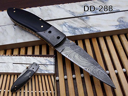 Damascus steel 7.8" long Folding Knife Bull horn with Damascus bolster scale, custom made 3.2" Hand Forged blade cow hide leather sheath