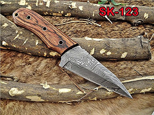 8.5" Long Hand Forged Damascus Steel Skinning Knife, 4.5" Full Tang Blade, 2 Tone Brown Wood Scale with 4 Inserting Holes, Cow Hide Leather Sheath with Belt Loop