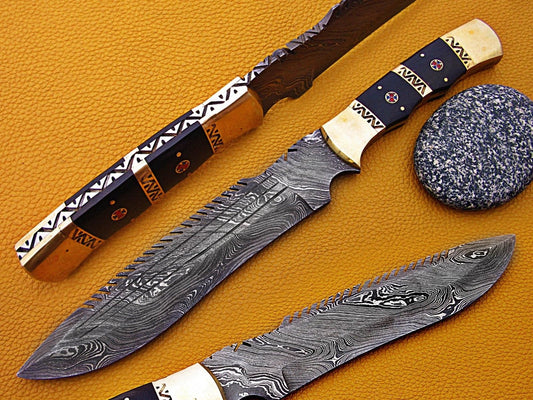14″ long Damascus steel full tang blade hunting knife, Bull horn scale with engraved Brass spacer & bolster, Co hide Leather sheath