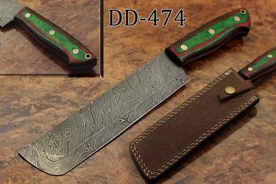 12.5" hand forged Damascus steel chef knife, 2 tone green scale, Leather sheath