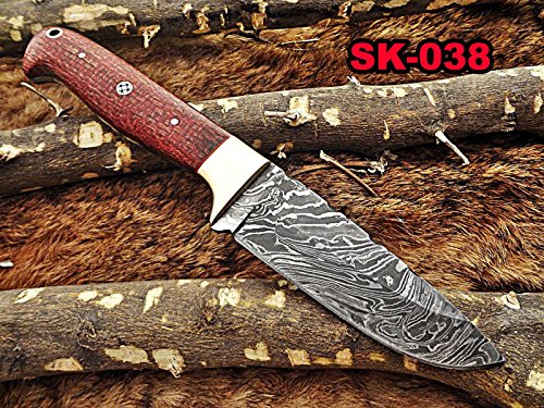 9.5" Long hand forged Hunting knife, 4.5" full tang Damascus steel drop point blade, Red Micarta wood scale with hole, Cow leather sheath