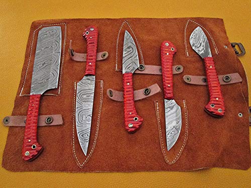 5 pieces Custom made hand forged Damascus steel blade kitchen knife set, Red jigged scale, Overall 45 inches Length of Damascus sharp knives (10.6+9.6+9.0+8.0+7.6) Inches, Leather suede sheath