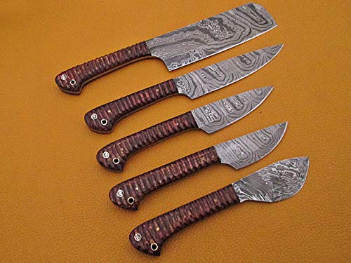 5 pieces Custom made hand forged Damascus steel blade kitchen knife set, Brown jigged scale, Overall 45 inches Length of Damascus sharp knives (10.6+9.6+9.0+8.0+7.6) Inches, Leather suede sheath