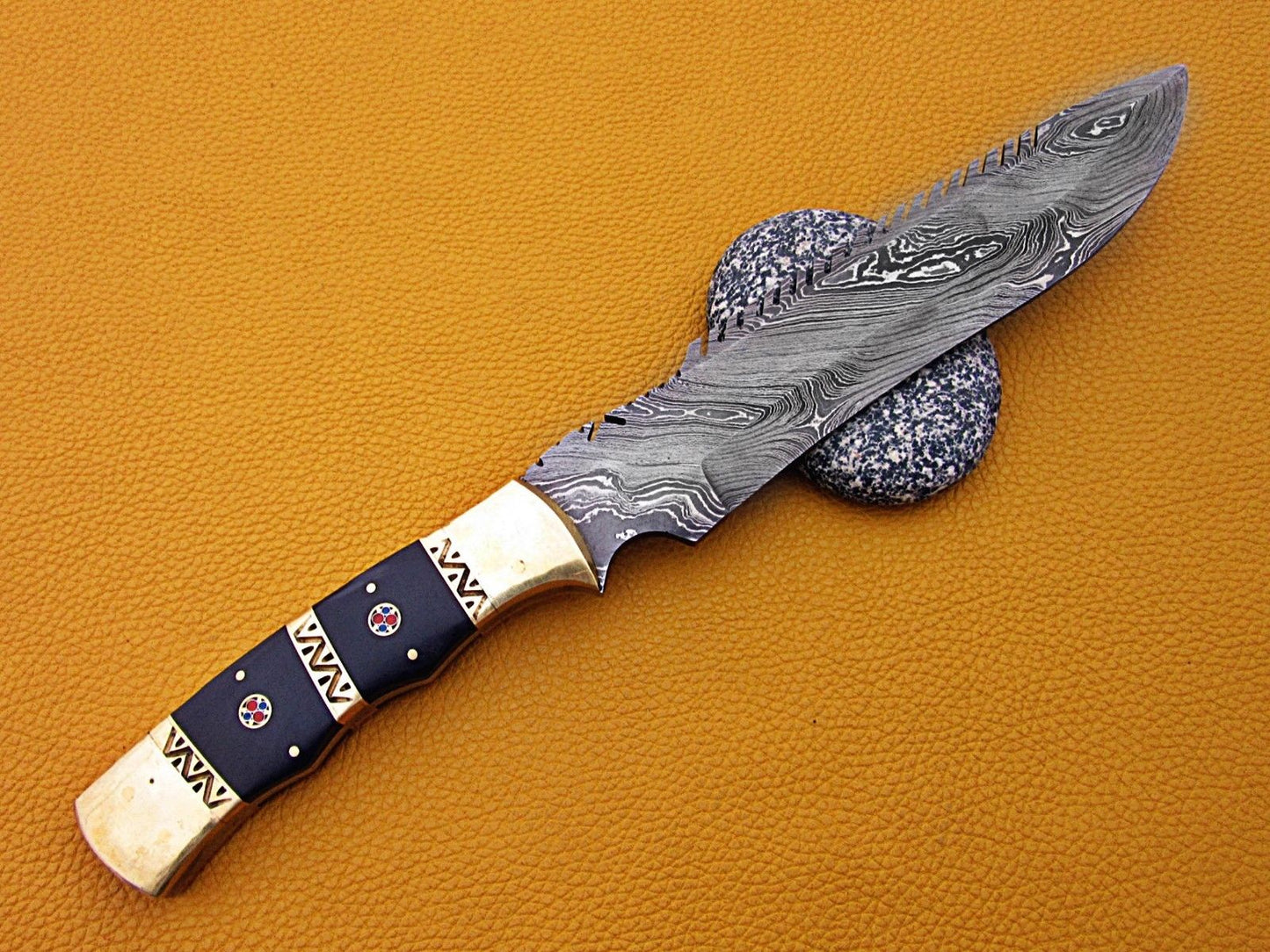 14″ long Damascus steel full tang blade hunting knife, Bull horn scale with engraved Brass spacer & bolster, Co hide Leather sheath