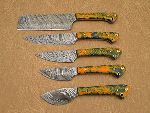 Custom made hand forged Damascus steel full tang blade kitchen knife set, Overall 45 inches Length of Damascus sharp knives (10.6+9.6+9.0+8.0+7.6) Inches, Leather suede sheath (MC Orange))