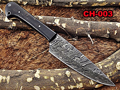9 Inches long custom made Damascus steel hand forged chef Knife, kitchen knife 4" full tang blade, Natural Buffalo Horn scale inserting hole