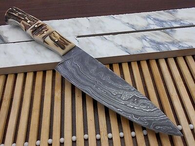 Stag Antler scale 10 Inches long Chef Knife custom made hand forged Damascus