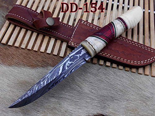 10.5" Long Damascus steel hunting Knife hand forged, hand crafted exotic round scale scale with camel bone brass & fiber, Cow Leather sheath