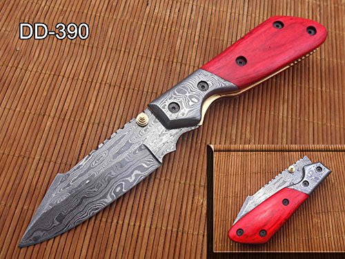 8.3" Long Hand Forged Custom Made Damascus Steel Pocket Clip Folding Knife, Various Scale Colors Available with Damascus Bolster, 4" Long Blade, Cow Hide Leather Sheath with Belt Loop