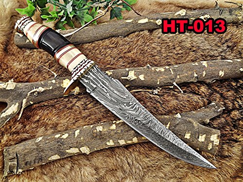 13.5" Long hand forged Damascus steel Hunting Knife, Camel bone, Bull horn and engraved brass round scale, Cow hide Leather sheath