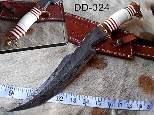15" long custom made Hand Forged Damascus Steel hunting Knife With 10" blade, exotic engraved brass and camel bone scale leather sheath