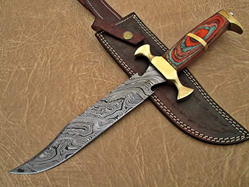 15" Long Hunting Bowie Knife, Hand Forged Damascus Steel, Red Dollar Wood with Brass Pommel & Finger Guard, Cow Leather Sheath (Multi Color)