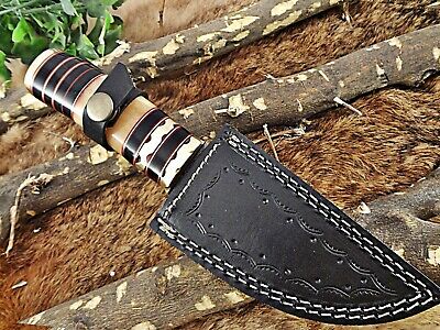 Damascus steel skinning knife 4 Pcs set with leather sheath, Black & white scale