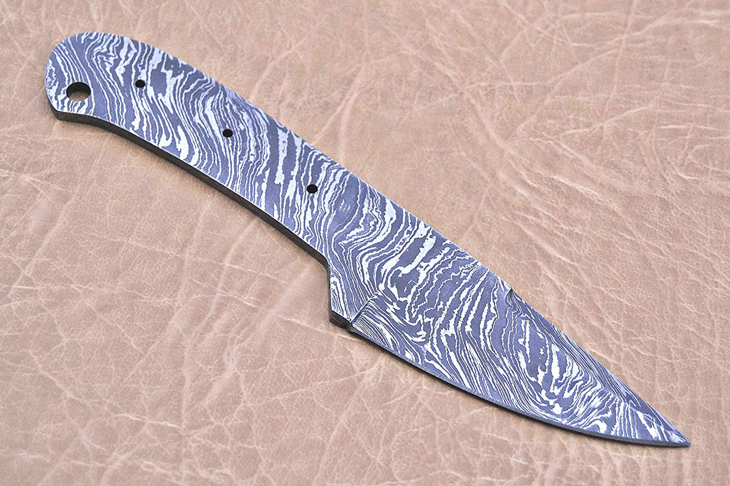 blank blade Damascus steel, 7.5 inches long hand forged pocket skinning knife, camping knife with 3 Pin holes and an inserting hole 3 inches cutting edge pocket knife blank blade