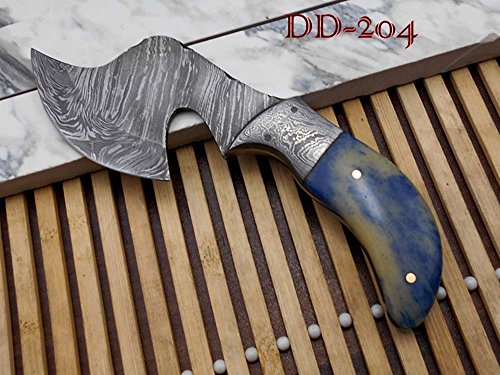 7" Long hand forged Twist pattern full tang Damascus steel compact Knife, Colored bone & Damascus bolster scale, Cow hide leather sheath