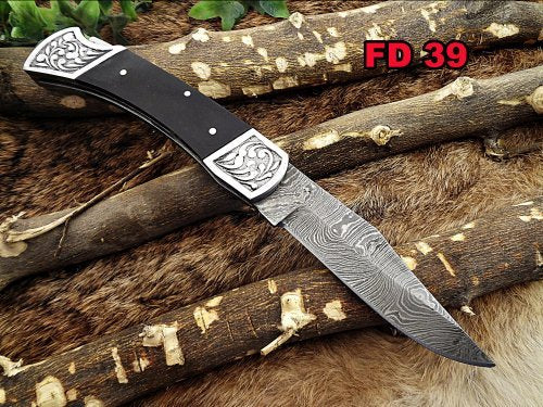 9" long Folding Knife, Rose wood Scale with Engraved steel bolster, custom made 4" Hand Forged Damascus steel blade cow hide leather sheath