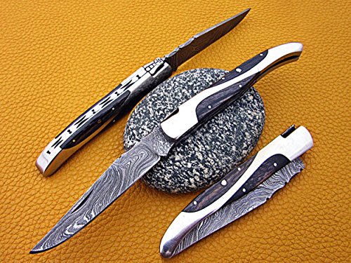8 Inches long Red dollar wood & steel scale Damascus Folding Knife, Hand forged Damascus steel pocket knife, Cow leather sheath with Belt loop