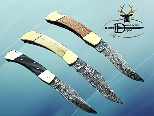 3 Pieces Lever Lock Folding Damascus Steel Knife, Includes White Camel Bone, Black Bull Horn and Brown Rose woos Scales, 3 Back Lock Folding Knives with Brass Bolster and Cow Hide Leather Sheath