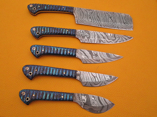 5 Pieces Damascus steel kitchen knife set includes (10.6+9.6+9.0+8.0+7.6)" knives in Blue Jigged wood scale, includes Roll able Leather suede sheath