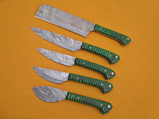 5 Pieces Damascus steel kitchen knife set includes (10.6+9.6+9.0+8.0+7.6)" knives in Green Jigged wood scale, includes Roll able Leather suede sheath
