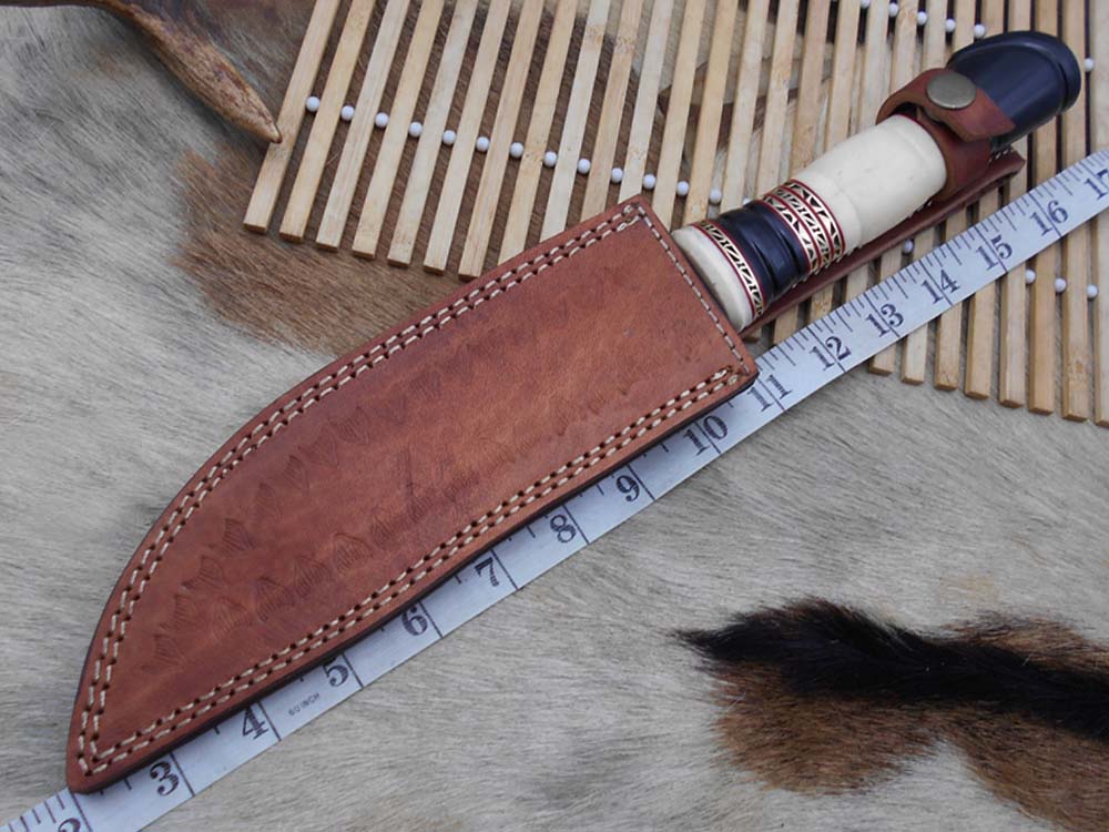 13.5 Inches long Hand Forged Damascus hunting Bowie Knife 8" blade. Camel bone, engraved brass & horn exotic scale cow hide leather sheath