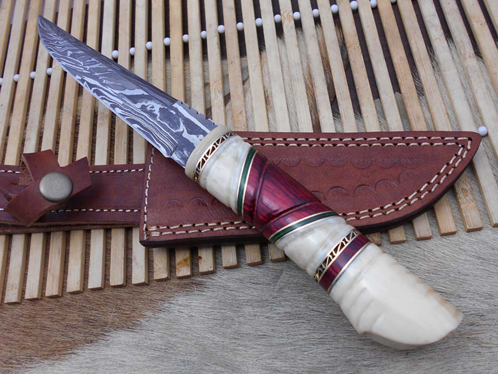 10.5" Long Damascus steel hunting Knife hand forged, hand crafted exotic round scale scale with camel bone brass & fiber, Cow Leather sheath