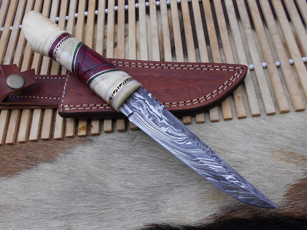 10.5" Long Damascus steel hunting Knife hand forged, hand crafted exotic round scale scale with camel bone brass & fiber, Cow Leather sheath