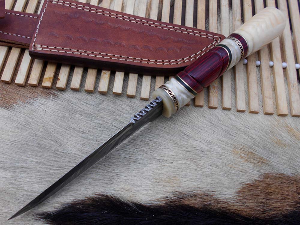 10.5" Long Damascus steel hunting Knife hand forged, hand crafted exotic round scale scale with camel bone brass & fiber, Cow Leather sheath