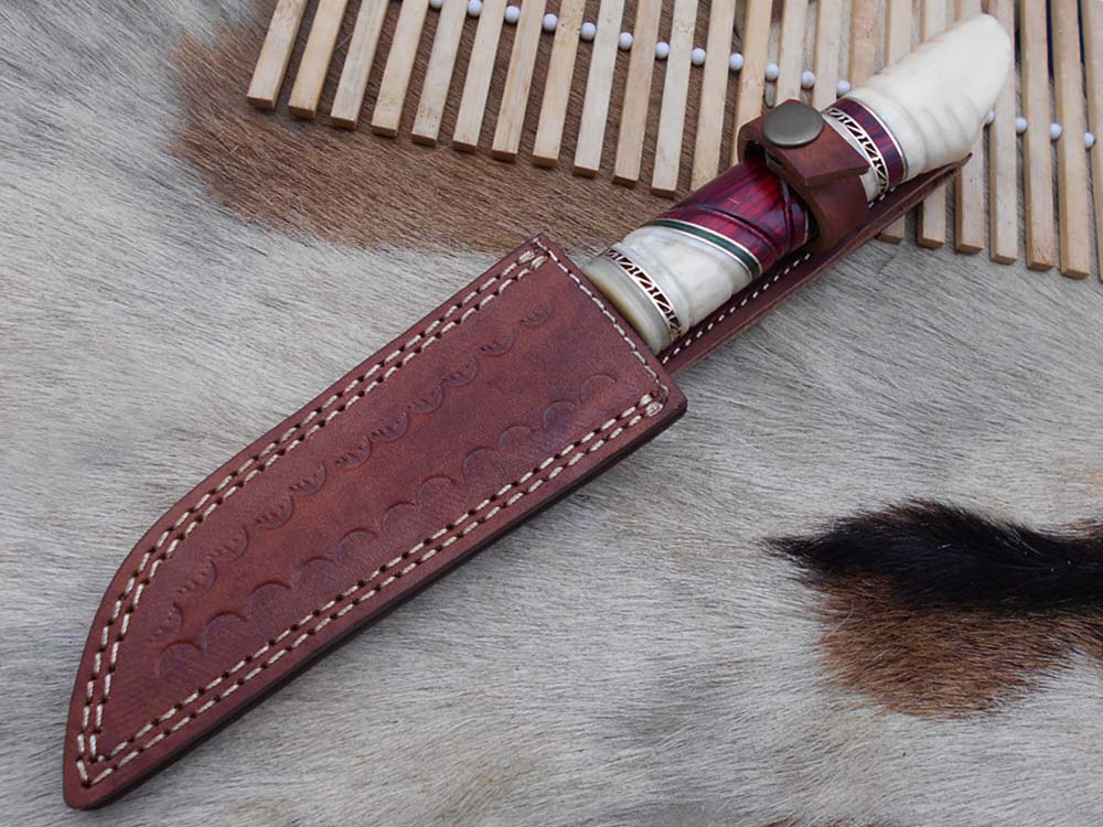 10.5" Long Damascus steel hunting Knife hand forged, hand crafted exotic round scale scale with camel bone brass & fiber, Cow Leather sheath