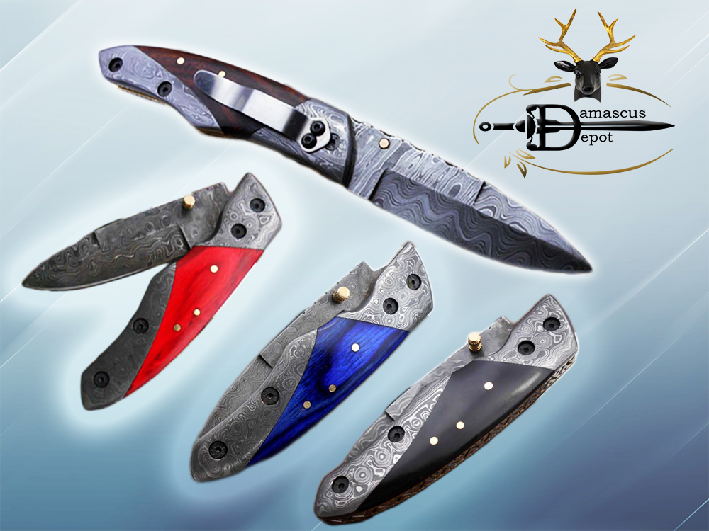4 pieces Damascus steel folding knives set, Pocket clip, Liner lock, Leather sheath. Includes Black, Brown, Red & blue colors